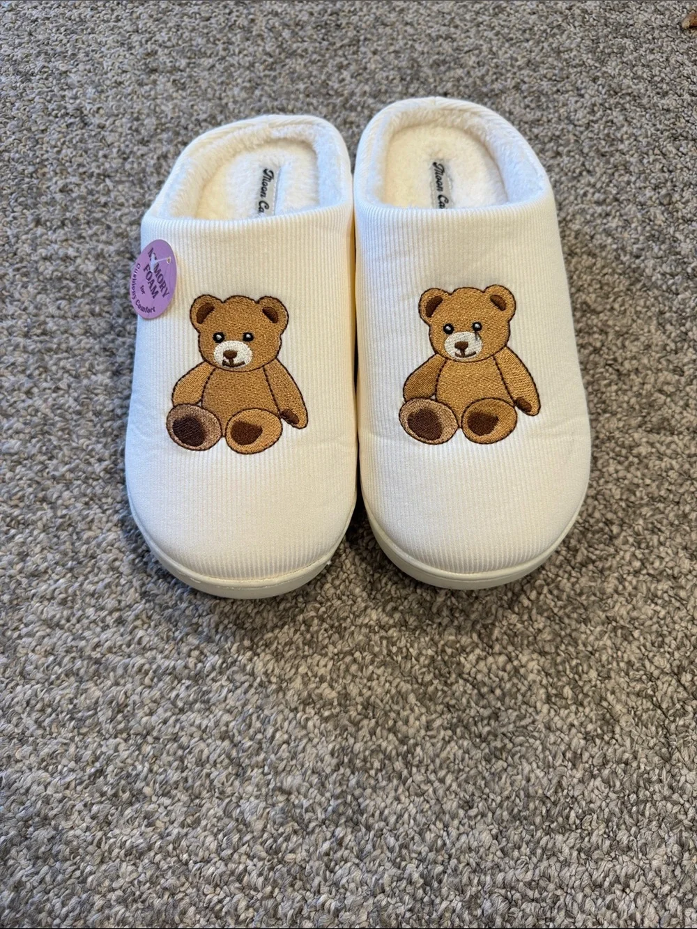Kids White Plush Slipper Shoes with Teddy Embroidery